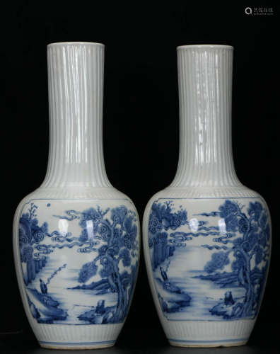 In the Qing Dynasty, blue and white olive vases with windows...