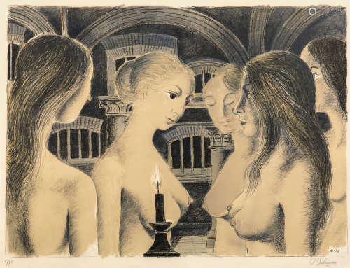 保罗·德尔沃（1897-1994）·拱门下的聚会（有展览）1973年作 珂罗版画