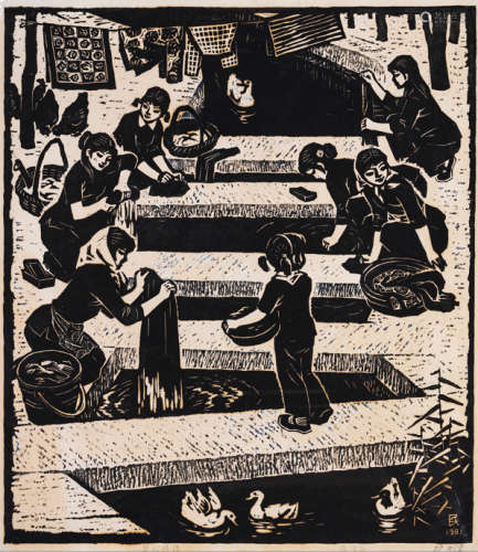 1981年黑白木刻版画 张泽民绘刻 《渠水清清》版画 一幅