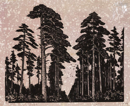 1983年套色木刻版画 吴海寿绘刻 《长白苍松》版画 一幅