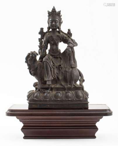 Chinese Bronze Quan Yin on Foo Lion Sculpture