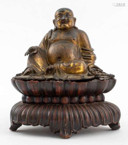 Chinese Gilt Bronze Buddha Hotai on Lotus Stand