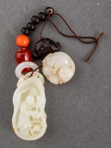 Chinese Carved White & Brown Jade, Etc. Beads