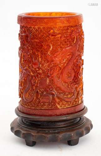 Chinese Carved Amber Resin Brush Pot