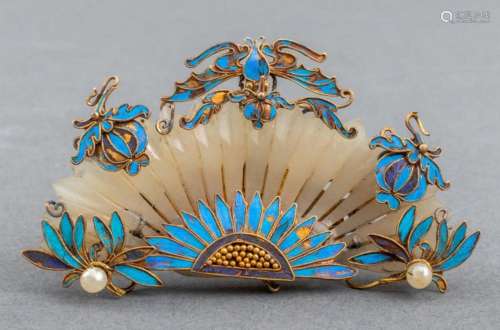 Chinese Jade Kingfisher Feather Gilt Silver Brooch