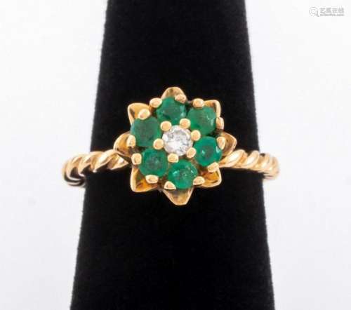 14K Yellow Gold Emerald & Diamond Flower Ring