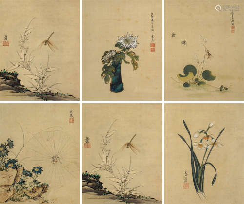 陈洪绶（1599-1652）·园中雅趣六开 绢本设色 镜芯