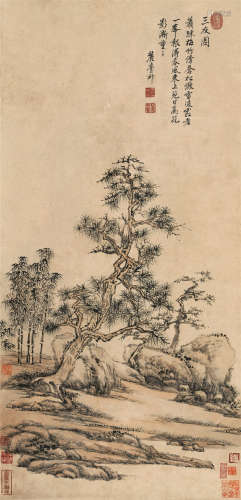 王原祁（1642-1715）·三友图 纸本设色 立轴