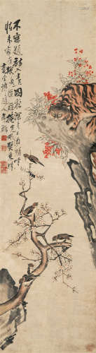 李鱓（1686-1762）·猫石幽雀 纸本设色 立轴