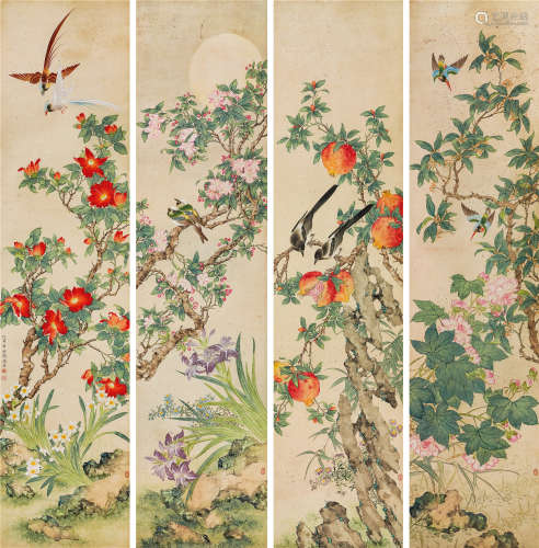 屈兆麟（1866-1937）·花鸟四屏 纸本设色 立轴