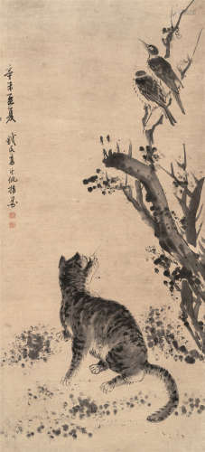 高其佩（1660-1734）·指画猫趣图 纸本水墨 立轴