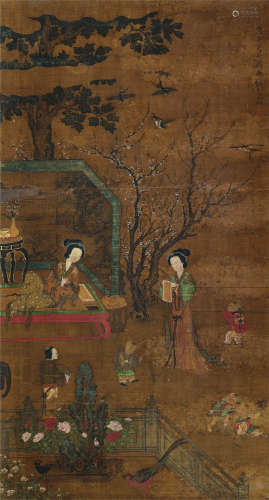 张充（明）（1465-1535）·秋庭园戏图 绢本设色 立轴