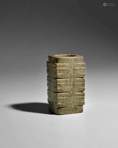 A NEOLITHIC MOTTLED GRAY-GREEN JADE CONG Liangzhu Culture, c...