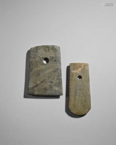 TWO NEOLITHIC STRIATED GRAY STONE AXE, FU circa 5th-3rd mill...