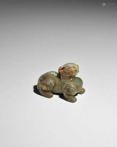 A JADE FIGURE OF A RECUMBENT BEAST, BIXIE Six Dynasties