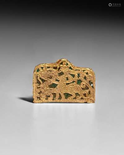 A SMALL OPENWORK GOLD FOIL ON BRONZE PLAQUE Eastern Jin dyna...
