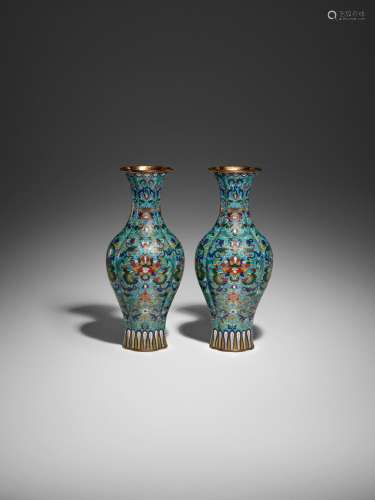 A PAIR OF CLOISONNÉ ENAMEL VASES Qianlong marks and of the p...