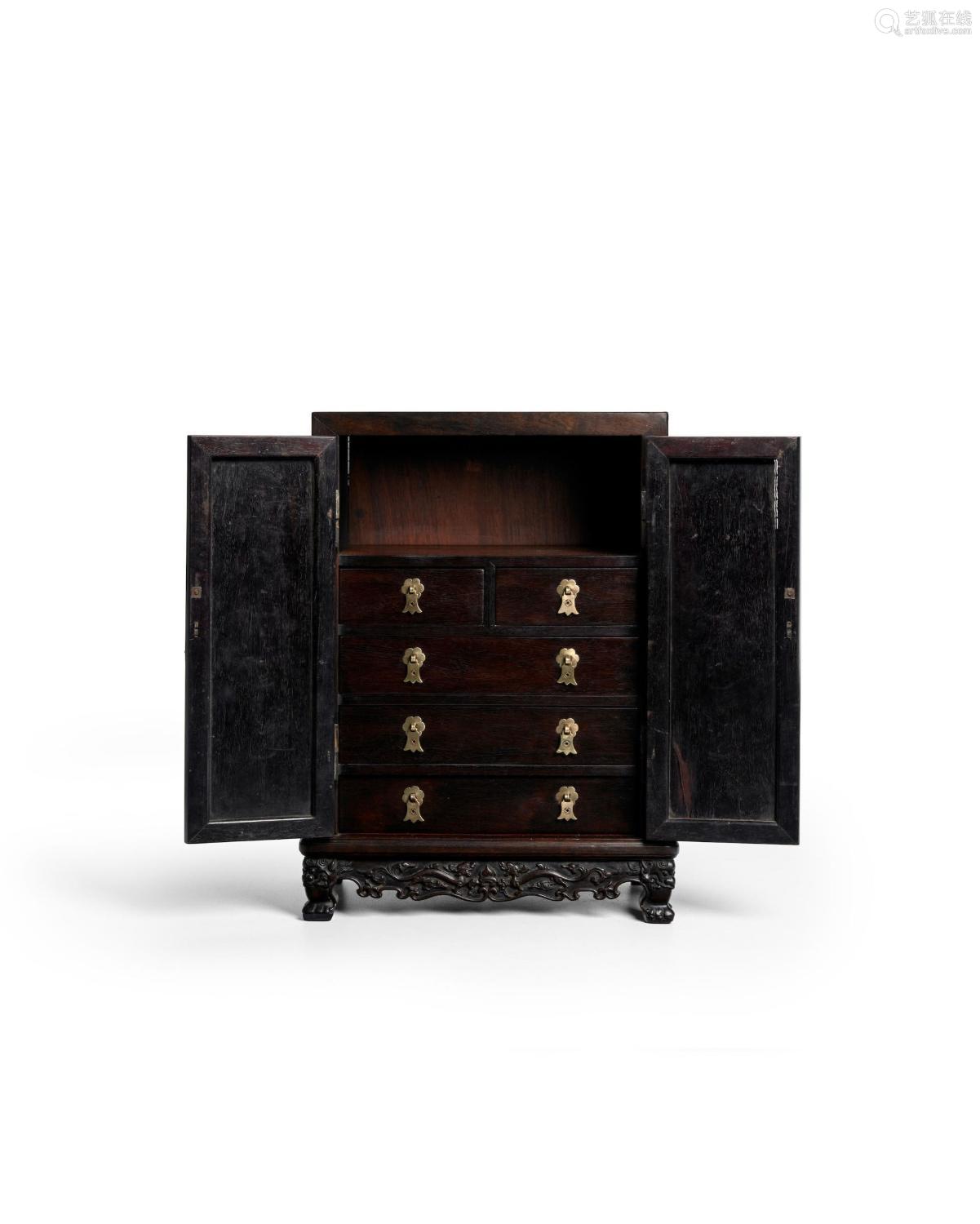 【Y】A ZITAN AND HUANGHUALI SCHOLAR'S DESK CABINET WITH DRAGON...