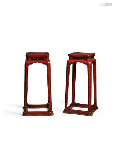A PAIR OF TALL RED LACQUERED INCENSE STANDS, XIANGJI Late Mi...