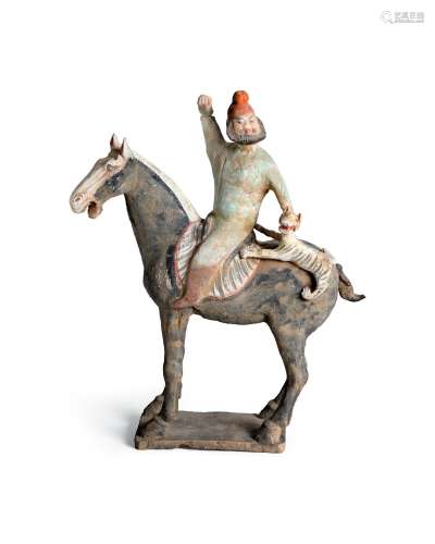 【¤】A PAINTED POTTERY HORSE AND 'FOREIGNER' RIDER Tang dynast...