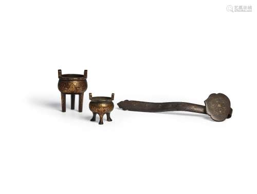 THREE METAL-INLAID ARTIFACTS The ding vessels, 18th century;...
