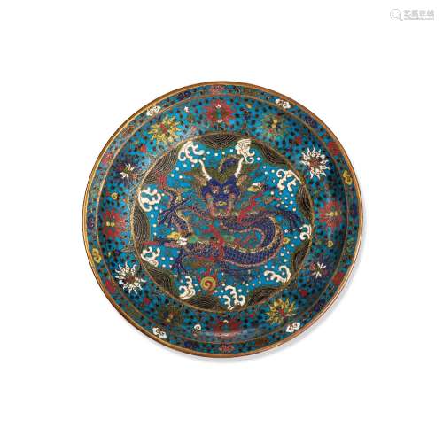 A RARE CLOISONNE ENAMEL 'FULL-FACED' DRAGON DISH  17th centu...