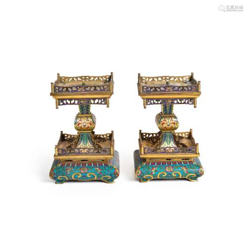 A PAIR OF GILT-COPPER-MOUNTED CHAMPLEVE AND CLOISONNE ENAMEL...