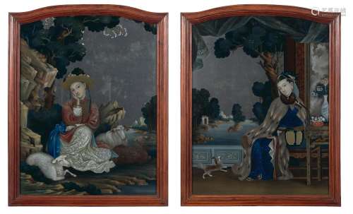 TWO FINE REVERSE GLASS MIRROR PAINTINGS OF EUROPEAN LADIES I...