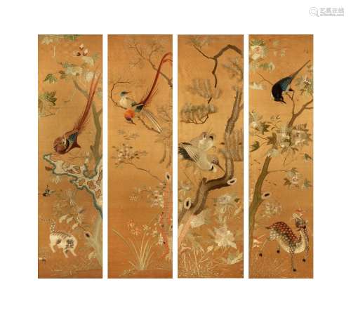 【W】A set of four Embroidered Textile Panels Late Qing Dynast...