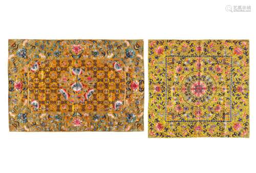 TWO MARIGOLD-YELLOW-GROUND SILK EMBROIDERY PANELS  Late 18th...