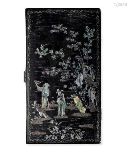 【Y】A MOTHER-OF-PEARL INLAID BLACK LACQUER RECTANGULAR BOX 17...