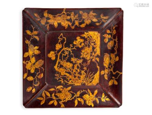A RYUKYUAN PAINTED RED, BROWN AND GILT SQUARE LACQUER DISH  ...
