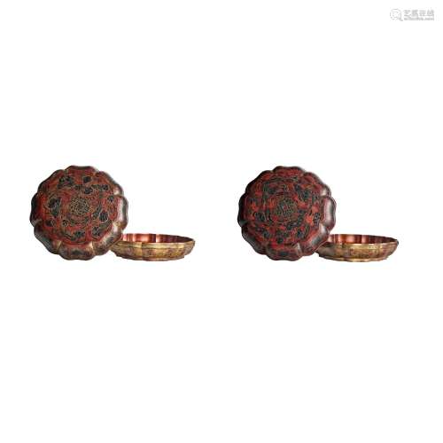 A PAIR OF RYUKYUAN PAINTED RED, BLACK AND GILT LOBED-OCTAGON...