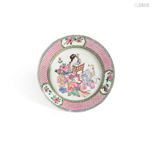 A CHINESE FAMILLE ROSE EGGSHELL DISH WITH LADIES AND CHILDRE...