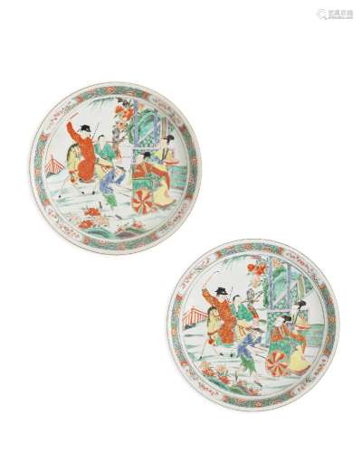 A LARGE PAIR OF EARLY ROSE-VERTE DEEP DISHES  Late Kangxi - ...