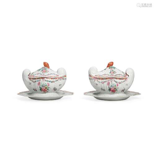 A PAIR OF FAMILLE ROSE ROCOCO SHELL-SHAPED TUREENS, COVERS A...
