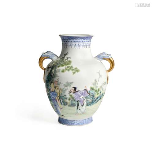 A FINE FAMILLE ROSE TWO-HANDLED 'THREE RELIGIONS' VASE Blue ...