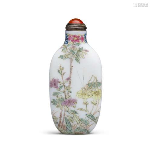 AN ENAMEL ON MILK-WHITE GLASS SNUFF BOTTLE Attributed to Yan...