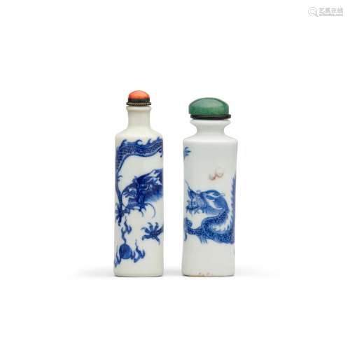 TWO UNDERGLAZED BLUE PORCELAIN 'DRAGON' SNUFF BOTTLES Attrib...