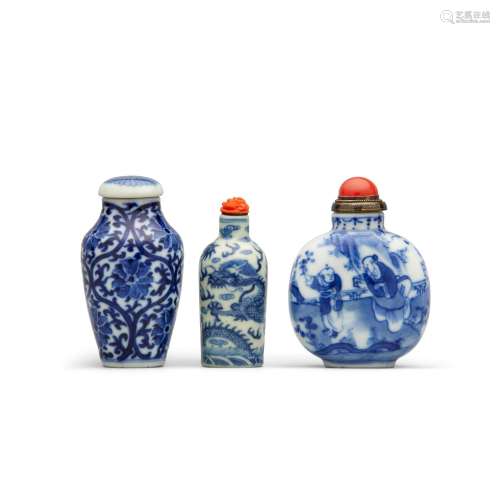 TWO UNDERGLAZED BLUE PORCELAIN SNUFF BOTTLES AND AN UNDERGLA...