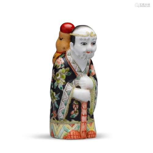 A MOLDED AND POLYCHROME ENAMELED PORCELAIN 'FIGURAL' SNUFF B...