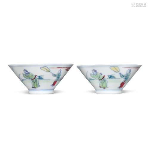 A pair of rare anhua-decorated doucai conical bowls, Qing dy...