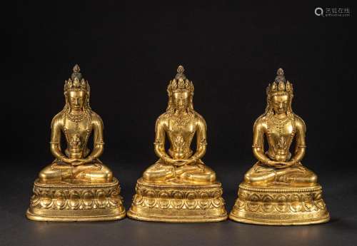A GROUP OF CHINESE GILT BRONZE BUDDHA STATUES FROM QING DYNA...
