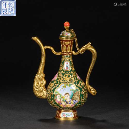 ENAMEL HANDLE POT PAINTED IN QING DYNASTY CHINA