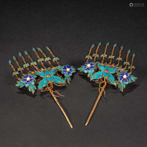CHINESE QING DYNASTY FLOWER SILK HAIRPIN PAIR