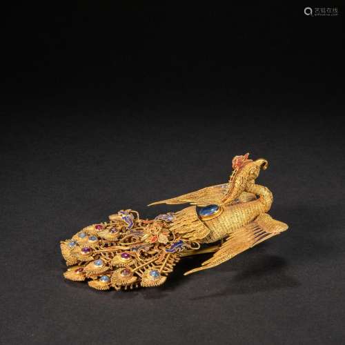 CHINESE QING DYNASTY PURE GOLD FLOWER SILK HAIRPIN