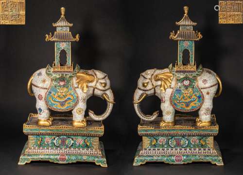 CHINESE CLOISONNE ELEPHANT PAIR FROM QING DYNASTY
