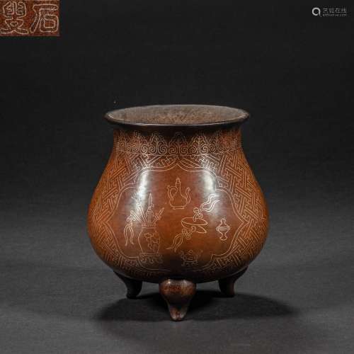 BEFORE MING DYNASTY CHINESE BRONZE AND SILVER CENSER