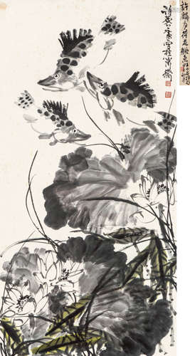 许麟庐（王少石题）  荷花鳜鱼 设色纸本 立轴