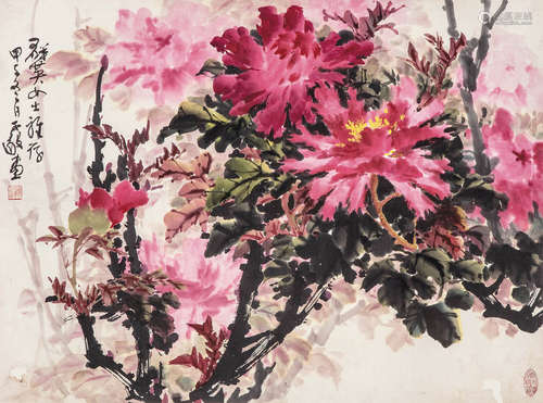 陈子毅 甲子（1984）年作 花卉 设色纸本 镜片